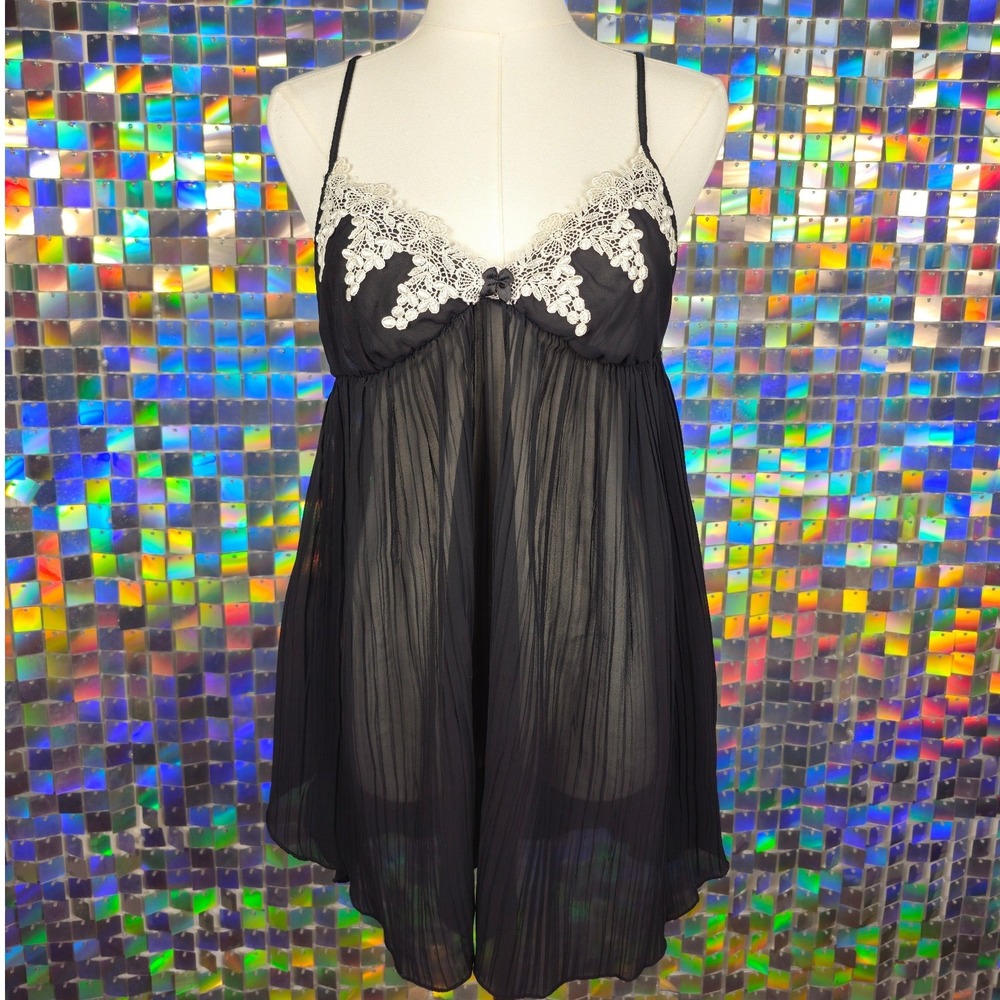 Babydoll Chemise Women Small Black Excellent‎ Lace Pleated Sheer Lingerie
